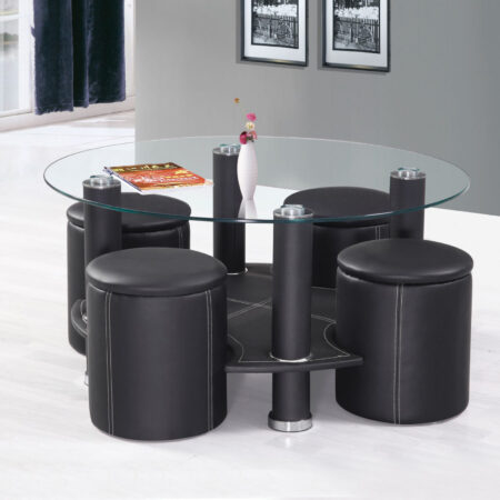 Glass Top Coffee Table with 4 Black Stools
