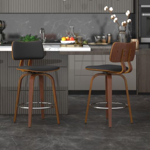 Alternative view of Zuni 26" Counter Stool with Swivel in Black Faux Leather and Walnut