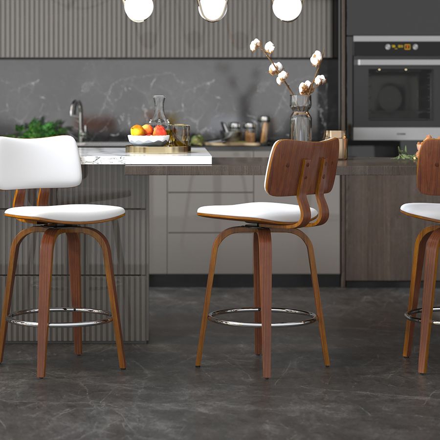 Zuni 26" Counter Stool with Swivel in White Faux Leather and Walnut - Image 2