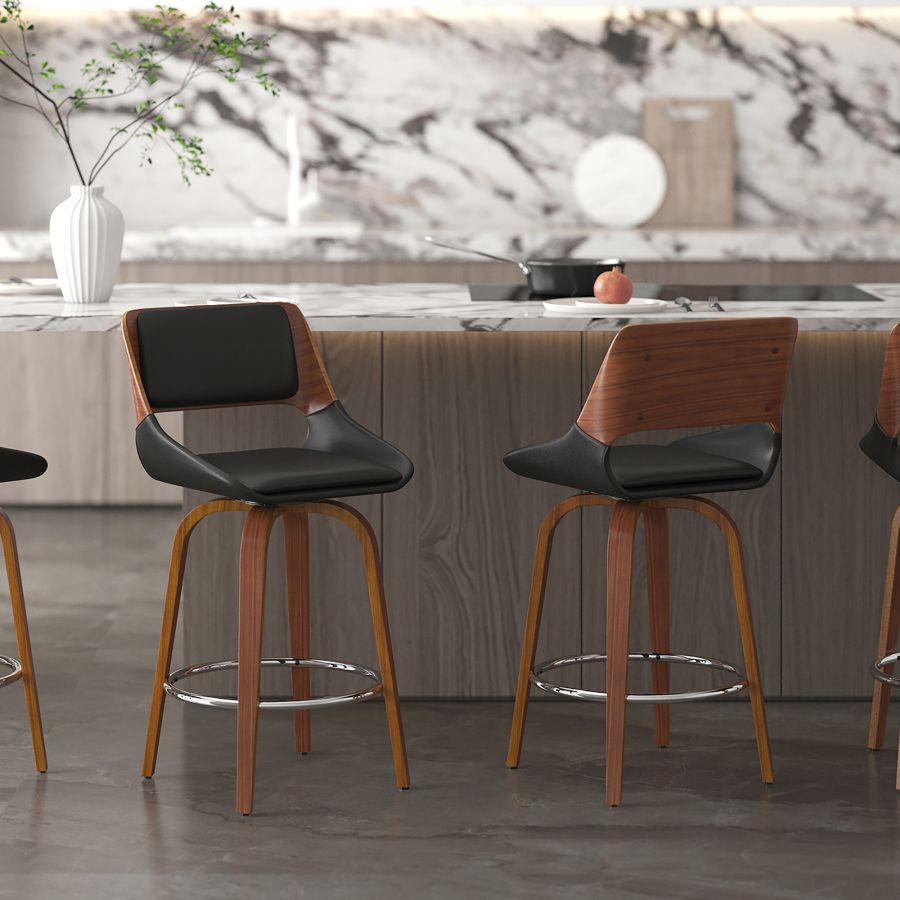 Hudson 26" Counter Stool with Swivel in Black Faux Leather and Walnut - Image 2