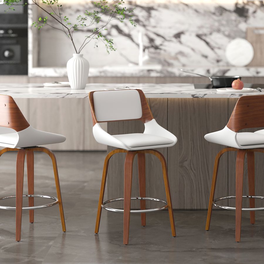 Hudson 26" Counter Stool with Swivel in White Faux Leather and Walnut - Image 2