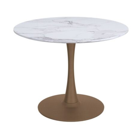 Zilo 40 Inch Round Dining Table In White Faux Marble And Aged Gold