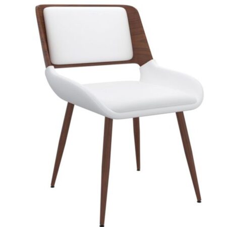 Hudson Side Chair In White Faux Leather And Walnut