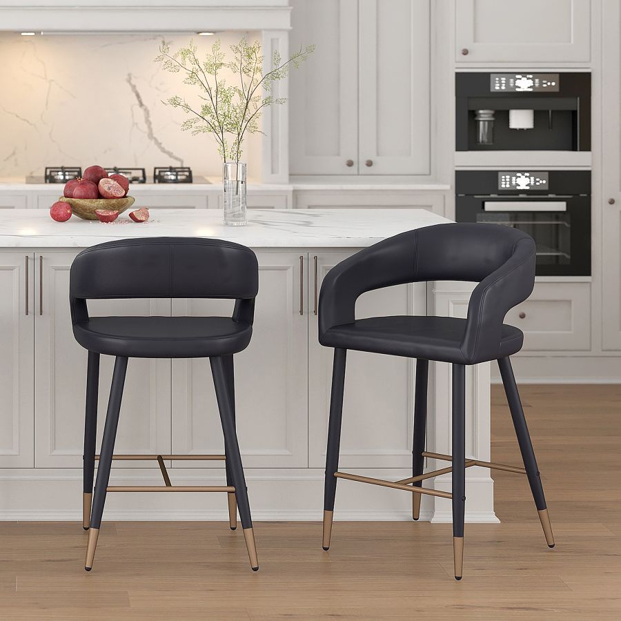 Crimson 26" Counter Stool, Set of 2, in Black Faux Leather and Black and Aged Gold - Image 8
