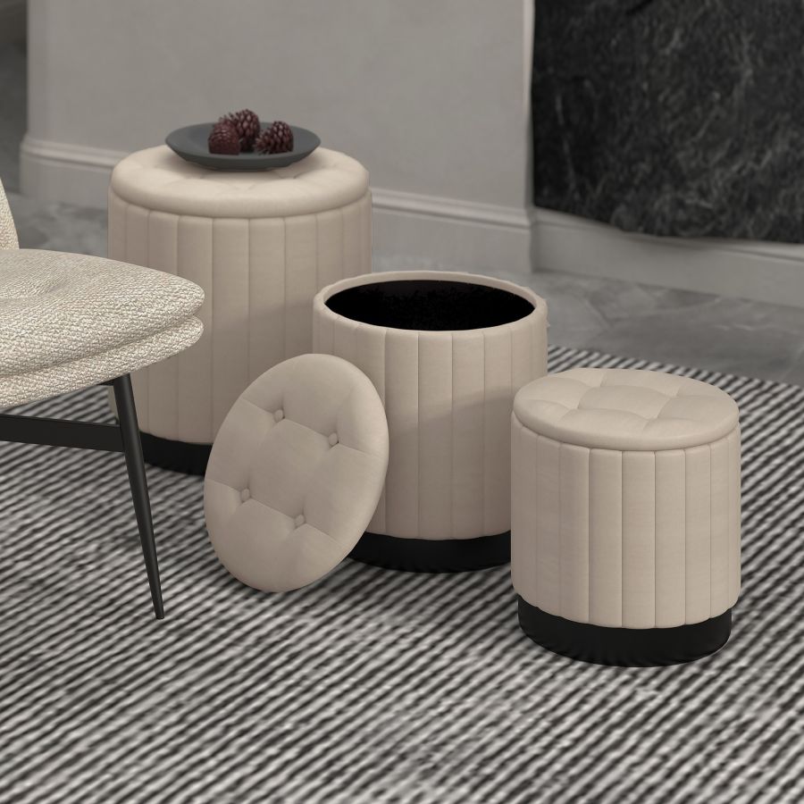 Lexi 3pc Round Storage Ottoman Set in Beige and Black - Image 8