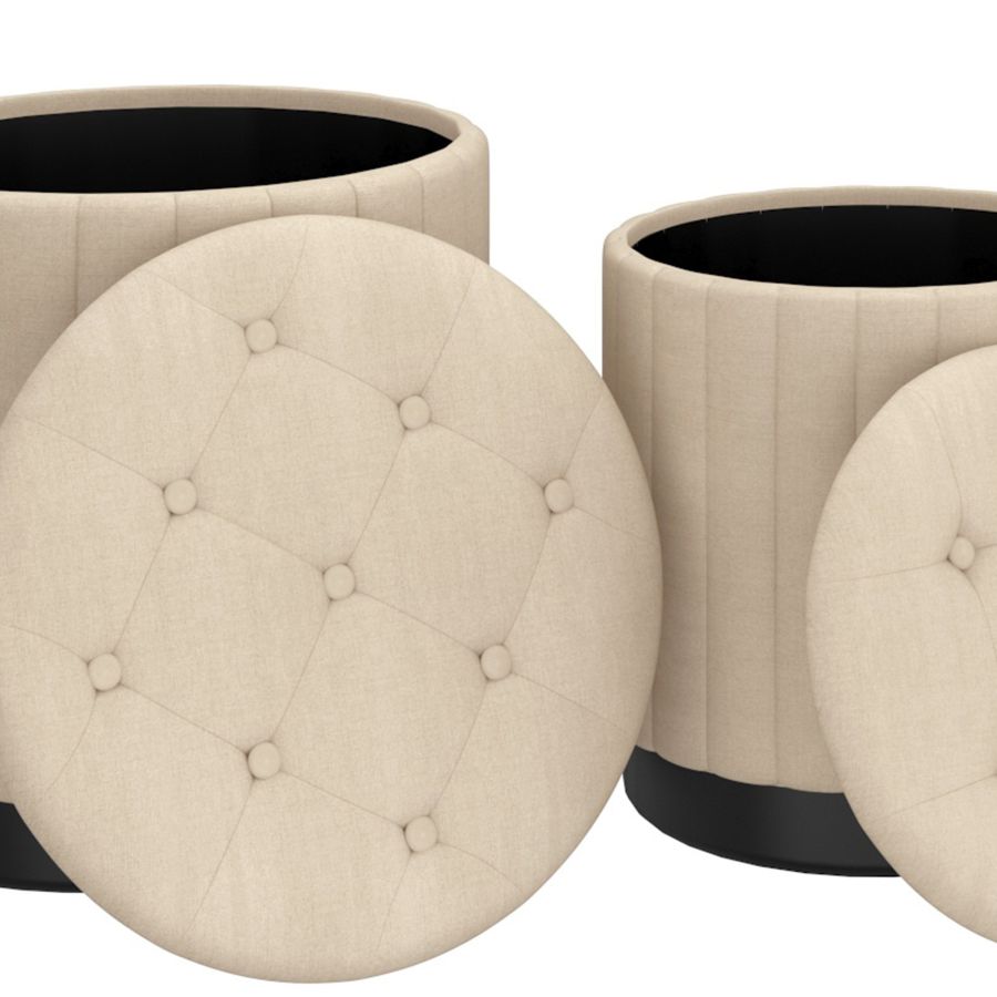 Lexi 3pc Round Storage Ottoman Set in Beige and Black - Image 5