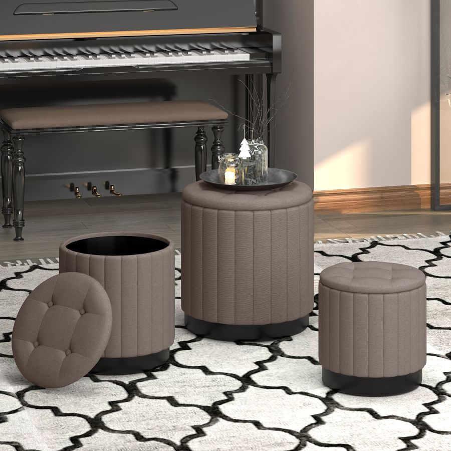 Lexi 3pc Round Storage Ottoman Set in Warm Grey and Black - Image 2