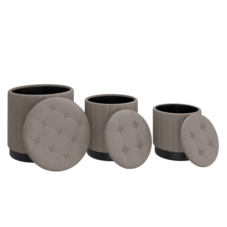 Lexi 3pc Round Storage Ottoman Set in Warm Grey and Black - Image 6