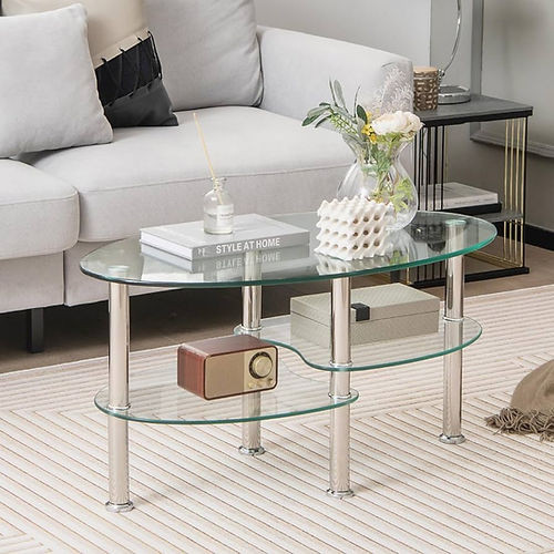 Tempered Glass Coffee Table with Curved Shelf