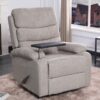 Description Our Swivel Rocker Recliner is designed for those who seek the ultimate in comfort. Sink into a world of relaxation with overstuffed cushioning in the back, seat, and arms. You’ll never want to leave your spot. Effortless Reclining and Swivel: Experience the convenience of our paddle designed reclining function. Effortlessly recline back and enjoy your favourite book, show, or simply a peaceful nap. And with full swivel for 360-degree movement, you can easily reach for your essentials without getting up. Functional Removable Tray: We’ve included a removable tray to enhance your experience. Keep your snacks, beverages, or reading materials within arm’s reach. Our Swivel Rocker Recliner ensures that everything you need is right at your fingertips. Exquisite Chenille Linen Fabric: Draped in lush, soft, beige chenille linen fabric, this recliner is as beautiful as it is comfortable. The elegant beige tone complements a wide range of interior decor styles and adds a touch of sophistication to your space. Quality Craftsmanship: Our Swivel Rocker Recliner is built with quality and longevity in mind. The robust construction and fine craftsmanship ensure you can enjoy its comfort and functionality for years to come. Reference# Size in inch Materials Colours T1018 | Swivel Rocker Recliner Chair 34”W 29”D 40.5”H Chenille Linen Fabric Beige