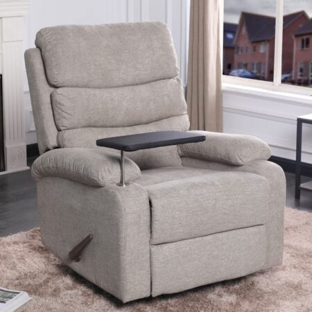 Description Our Swivel Rocker Recliner is designed for those who seek the ultimate in comfort. Sink into a world of relaxation with overstuffed cushioning in the back, seat, and arms. You’ll never want to leave your spot. Effortless Reclining and Swivel: Experience the convenience of our paddle designed reclining function. Effortlessly recline back and enjoy your favourite book, show, or simply a peaceful nap. And with full swivel for 360-degree movement, you can easily reach for your essentials without getting up. Functional Removable Tray: We’ve included a removable tray to enhance your experience. Keep your snacks, beverages, or reading materials within arm’s reach. Our Swivel Rocker Recliner ensures that everything you need is right at your fingertips. Exquisite Chenille Linen Fabric: Draped in lush, soft, beige chenille linen fabric, this recliner is as beautiful as it is comfortable. The elegant beige tone complements a wide range of interior decor styles and adds a touch of sophistication to your space. Quality Craftsmanship: Our Swivel Rocker Recliner is built with quality and longevity in mind. The robust construction and fine craftsmanship ensure you can enjoy its comfort and functionality for years to come. Reference# Size in inch Materials Colours T1018 | Swivel Rocker Recliner Chair 34”W 29”D 40.5”H Chenille Linen Fabric Beige